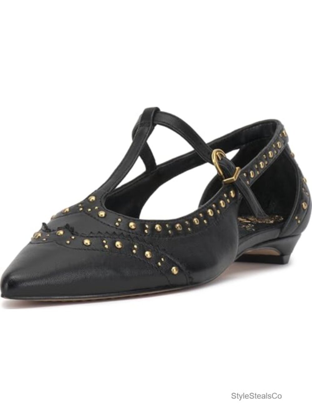 Women's Studded Kitten Heel T-Strap Flat Mule Leather Pointed Toe Party Shoe